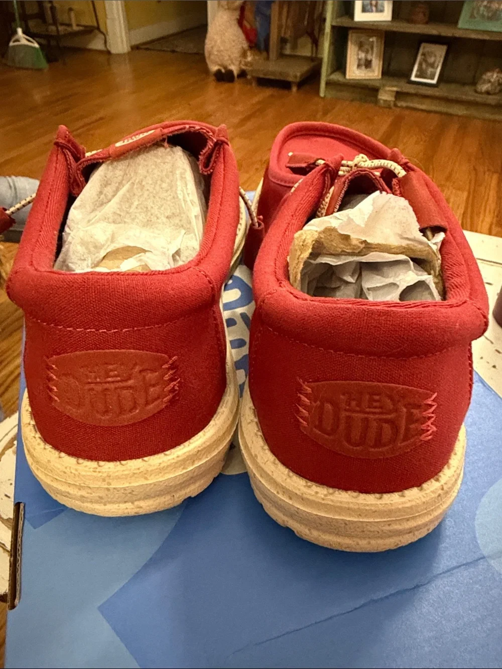 Hey Dude Red Canvas Loafers with Tan Sole